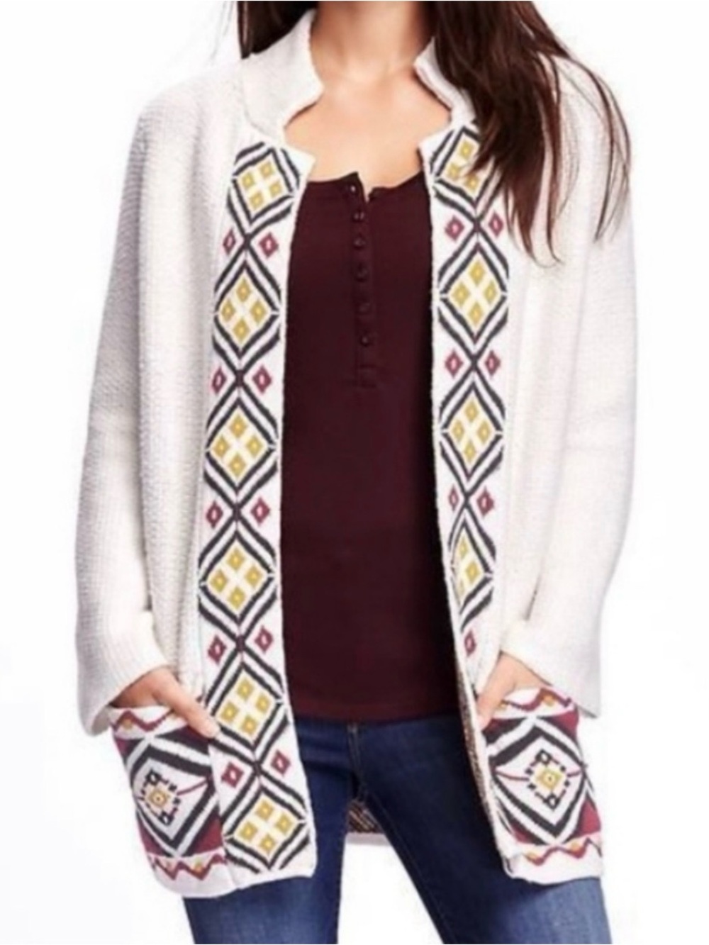 Old Navy Long Open Front Knit Southwestern Cardigan Sweater Size Large Pockets